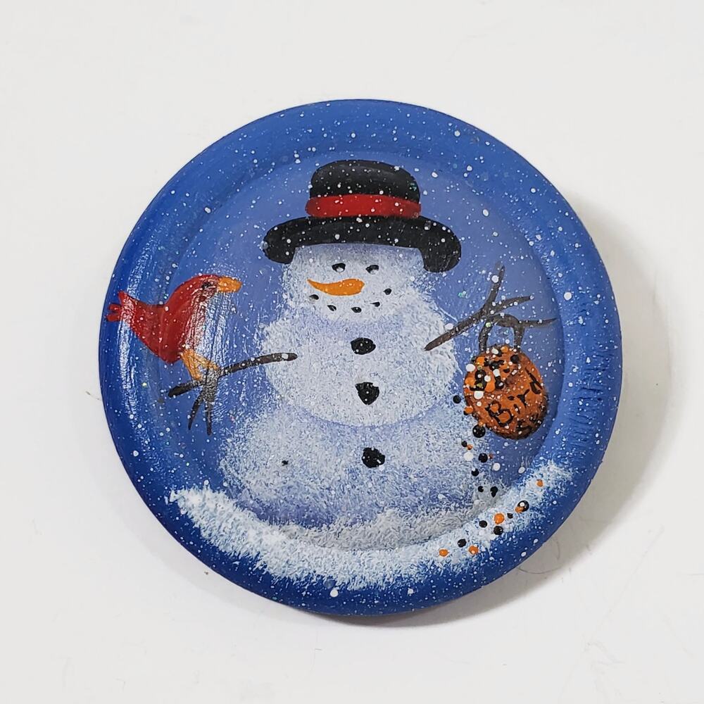 Snowman & Cardinal Hand Painted Wood Pin Signed N. Kirrane